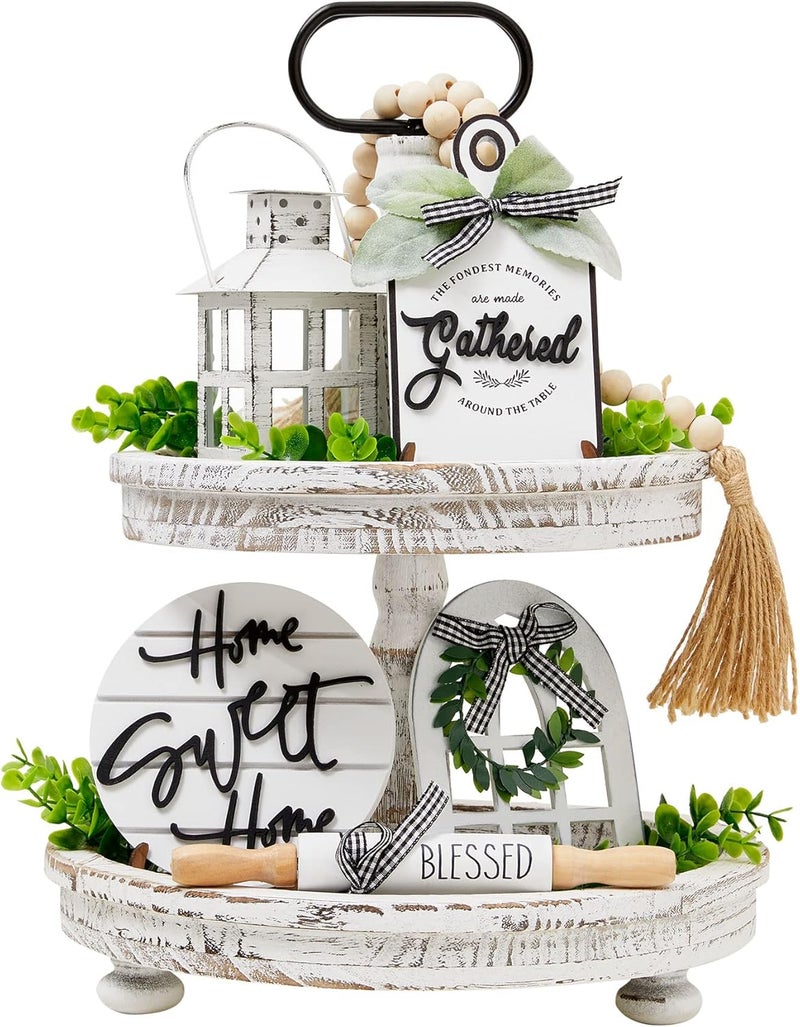 Houmury Set of 16 Farmhouse Tiered Tray Decor with 1 Lantern Artificial Plant& Cutting Board Sign for Rustic Home Kitchen Decor Tier Tray Decor Set (Tiered Tray Not Included) - Image 1